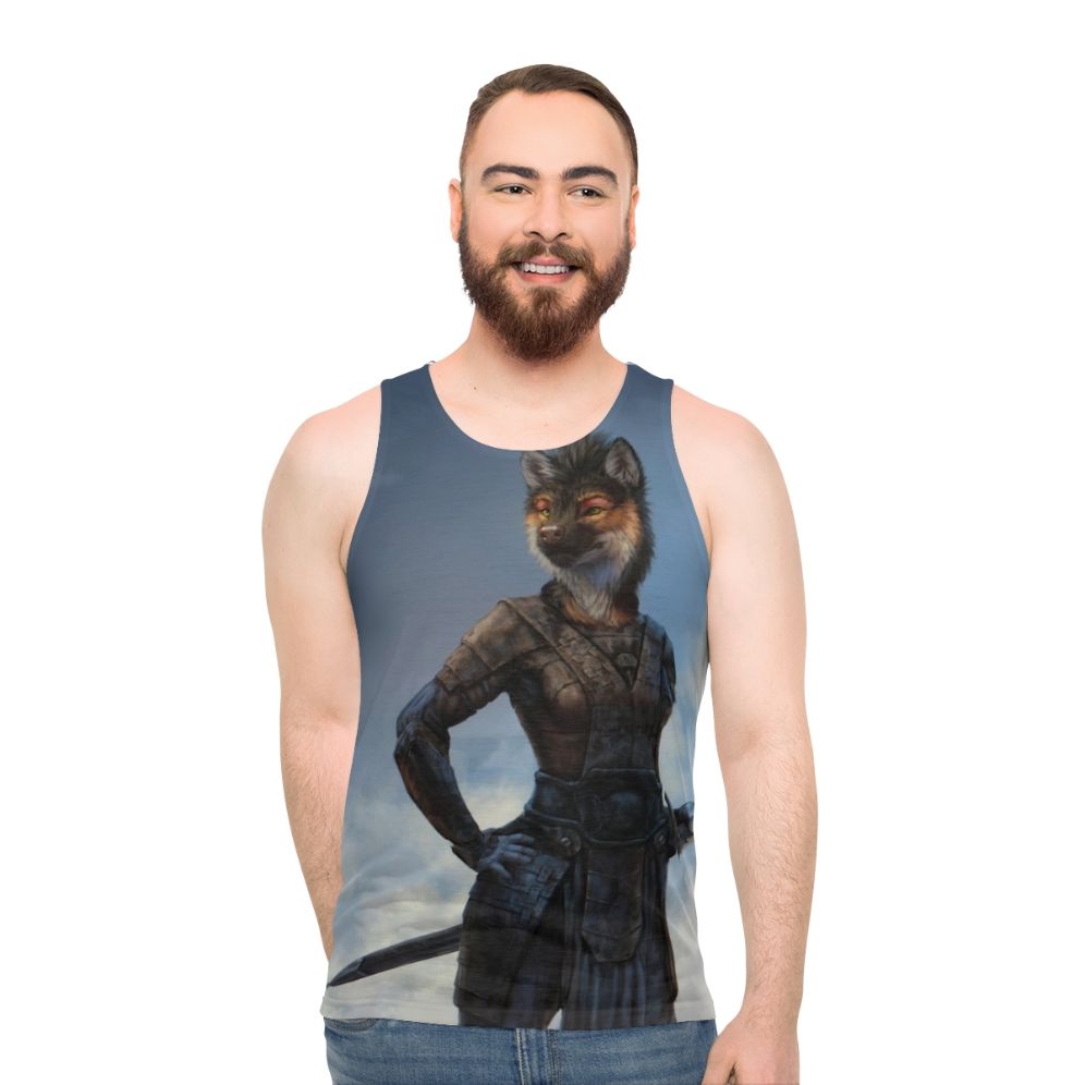 Unisex tank top with anthro canine warrior design