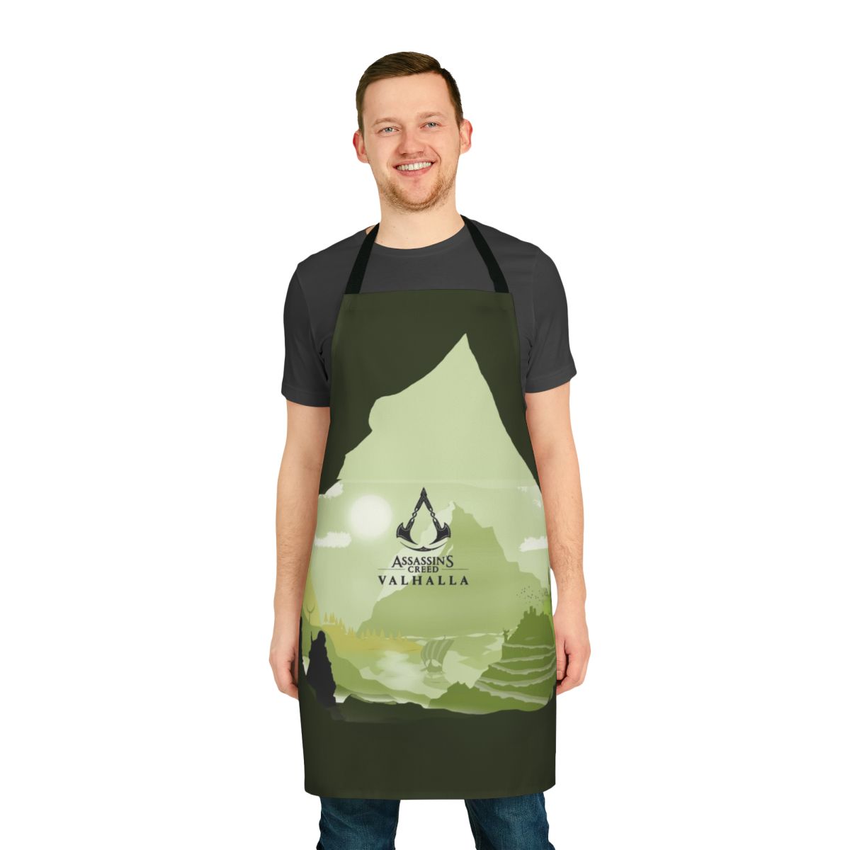 Viking inspired apron featuring a landscape design from the Assassin's Creed Valhalla video game