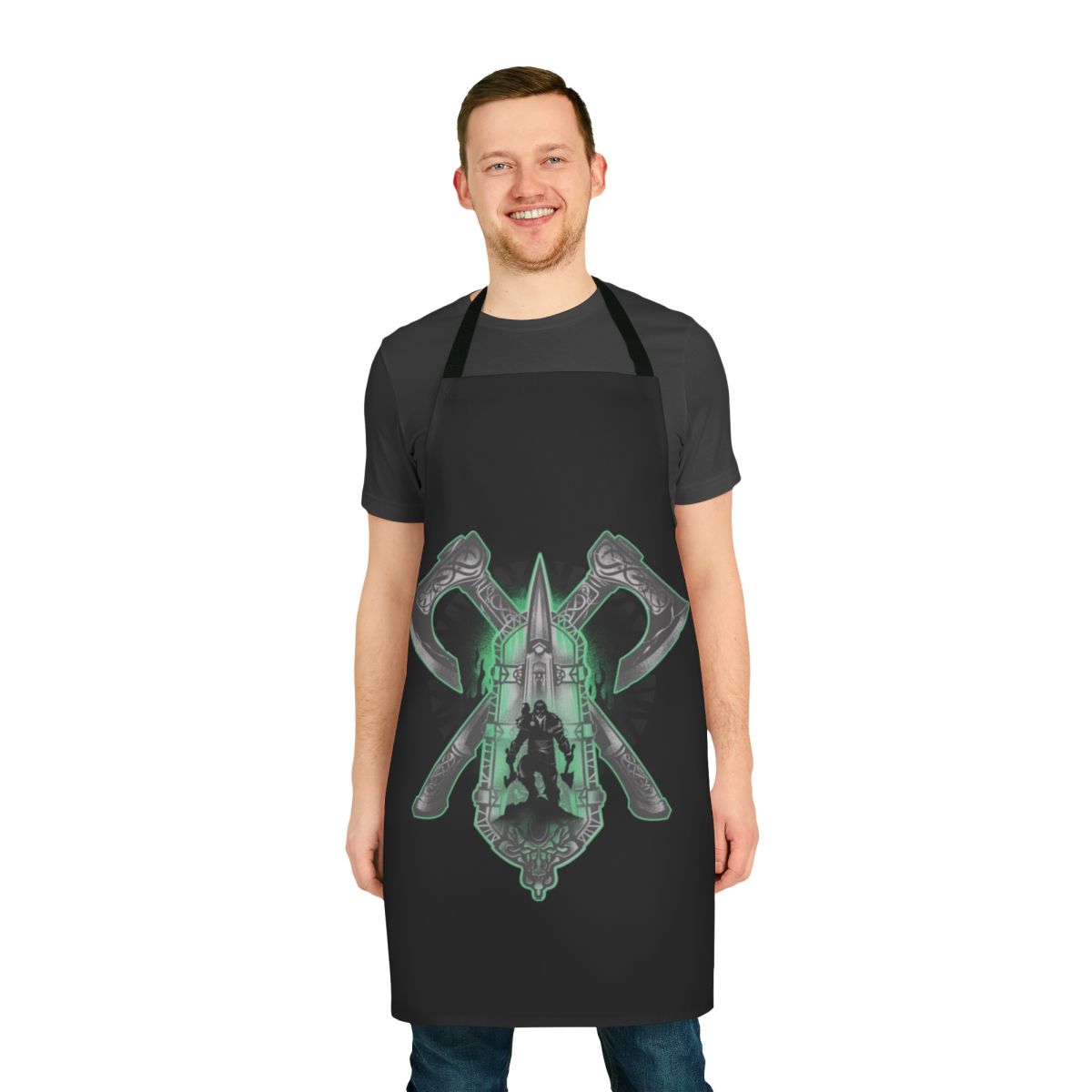 A stylish apron featuring a hidden blade and axe design, inspired by the Assassin's Creed video game series.