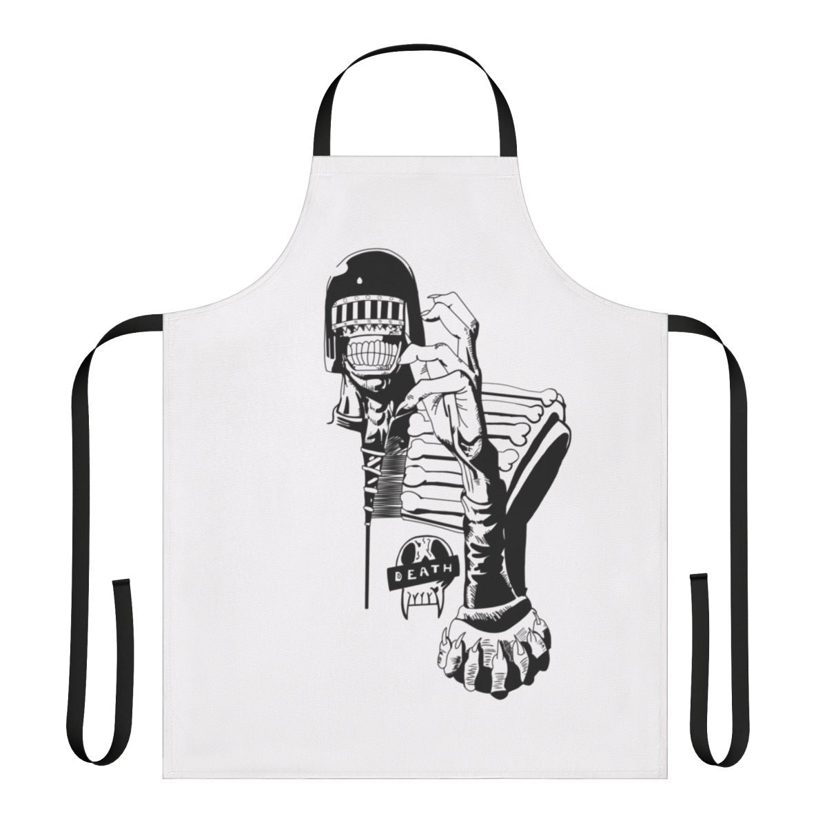 A monochrome apron featuring the iconic Judge Death character from the 2000AD comic series.