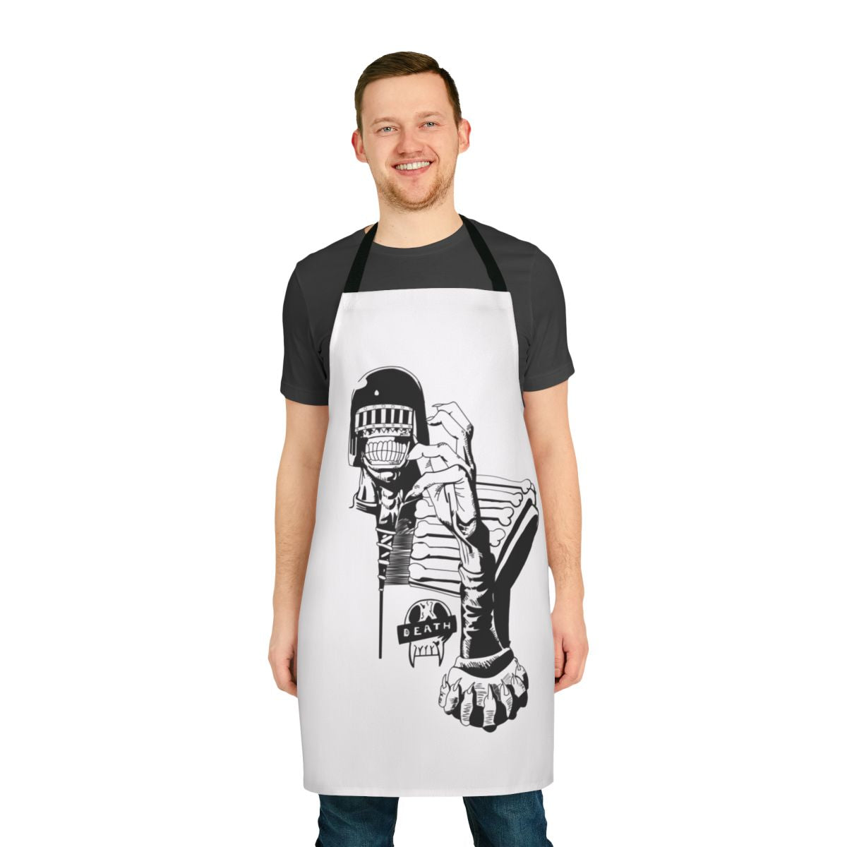 A monochrome apron featuring the iconic Judge Death character from the 2000AD comic series.