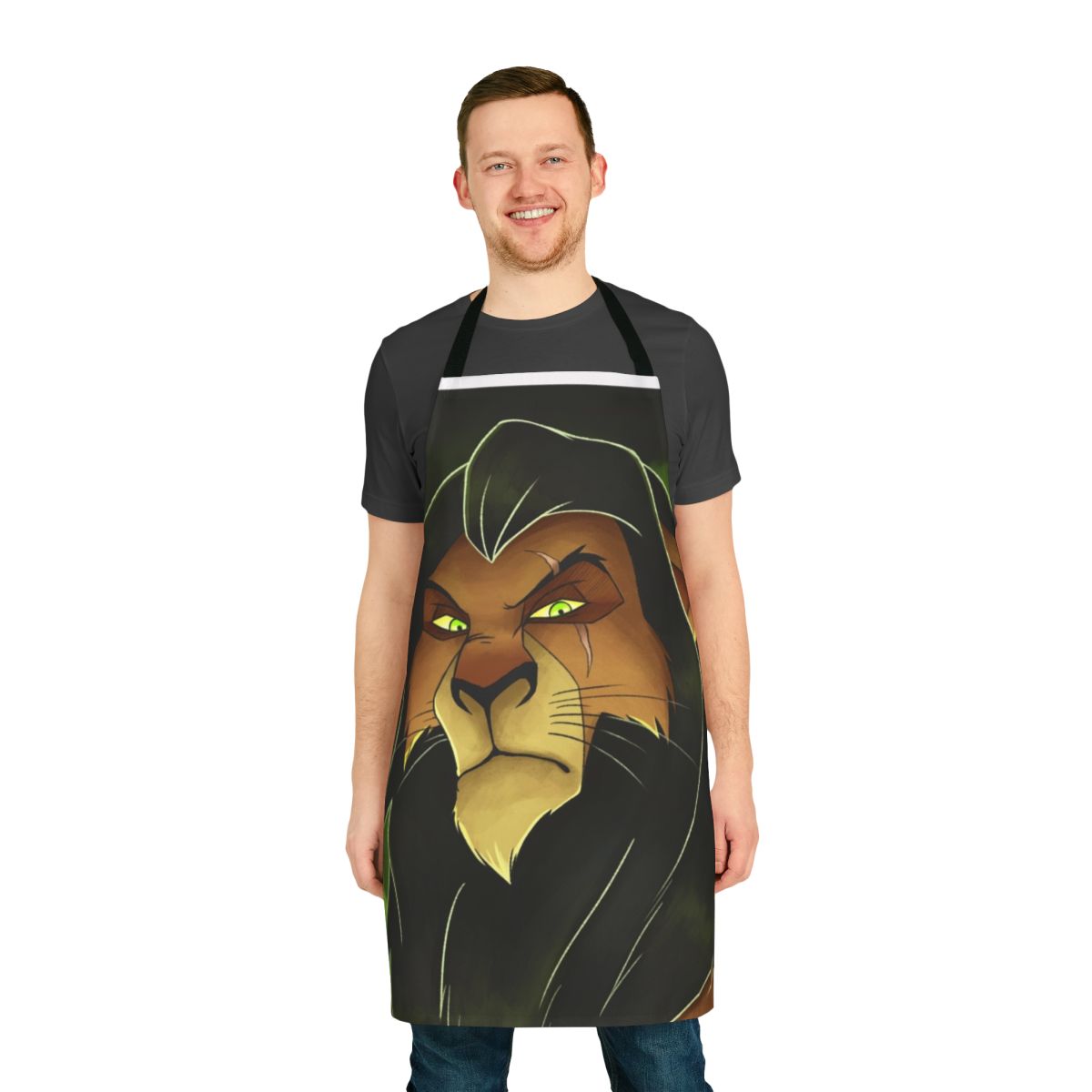 An apron featuring the iconic villain Scar from the Disney movie The Lion King