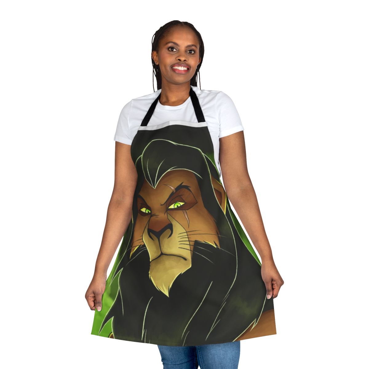 An apron featuring the iconic villain Scar from the Disney movie The Lion King