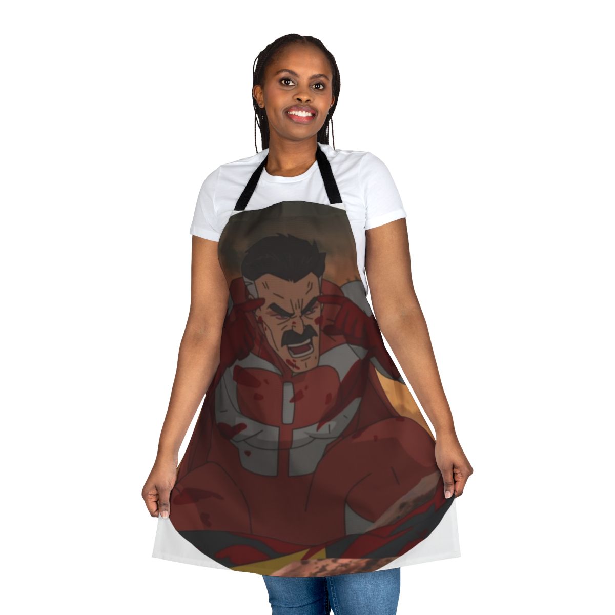 Omni Man-inspired apron with comic book and superhero graphics