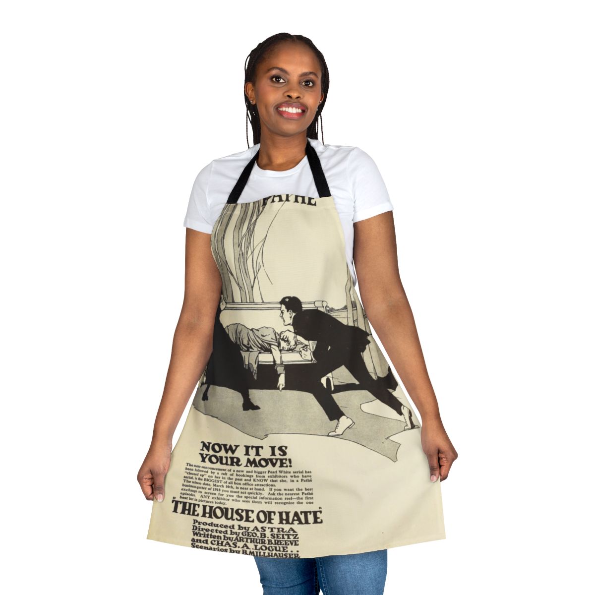 Vintage 1918 silent film inspired apron with classic movie imagery