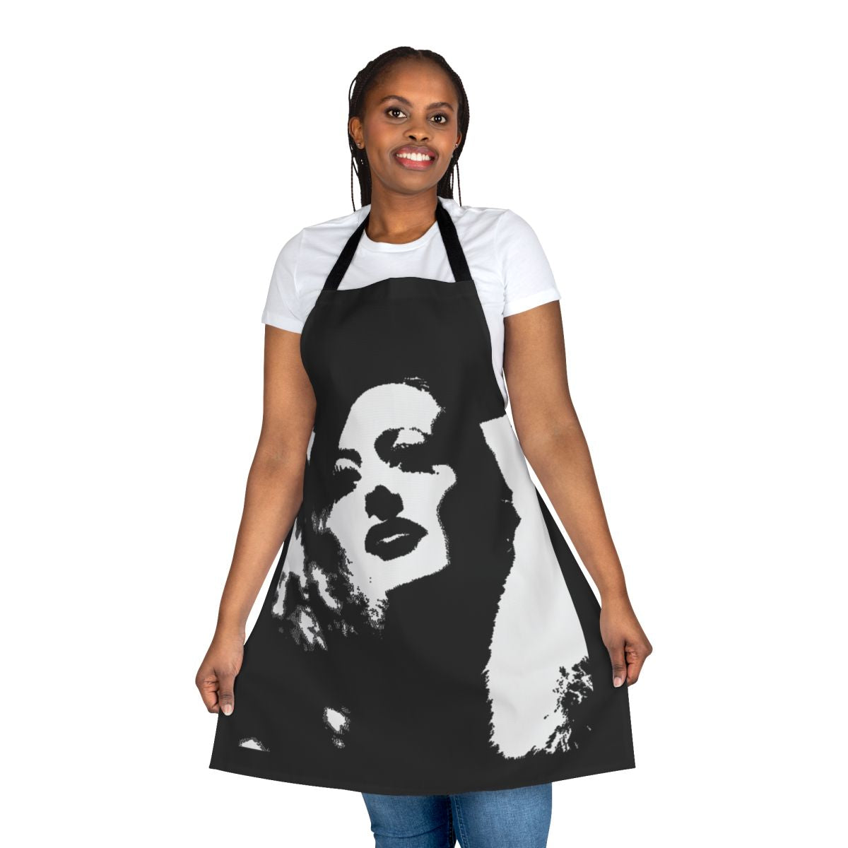 Vintage-style black and white apron inspired by the 1930s film Letty Lynton starring Joan Crawford