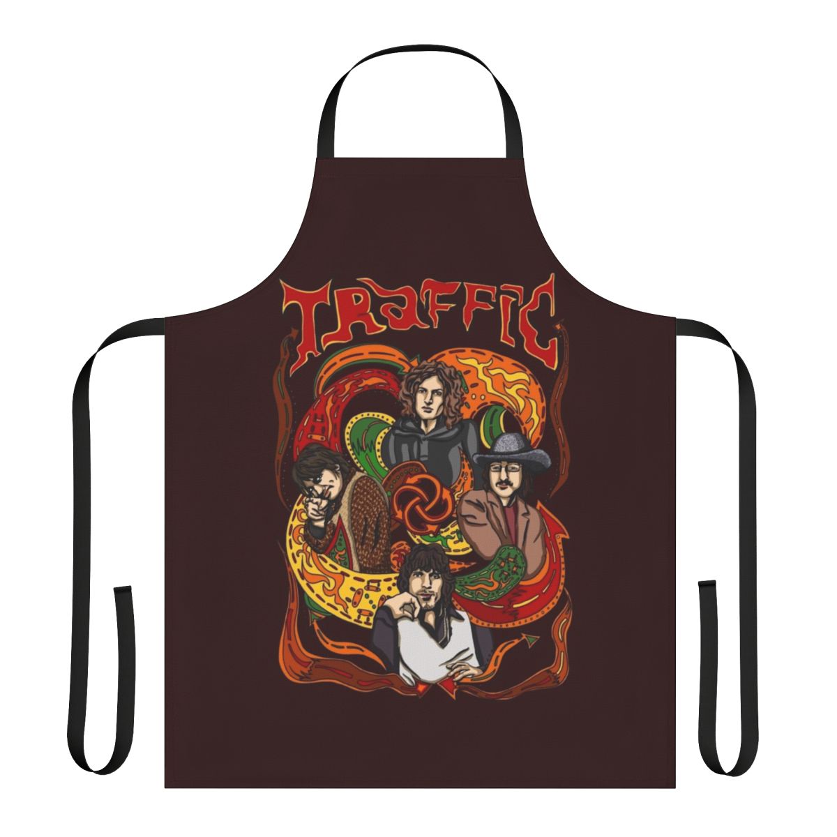 Vintage 1960s psychedelic rock inspired apron featuring the iconic Traffic band