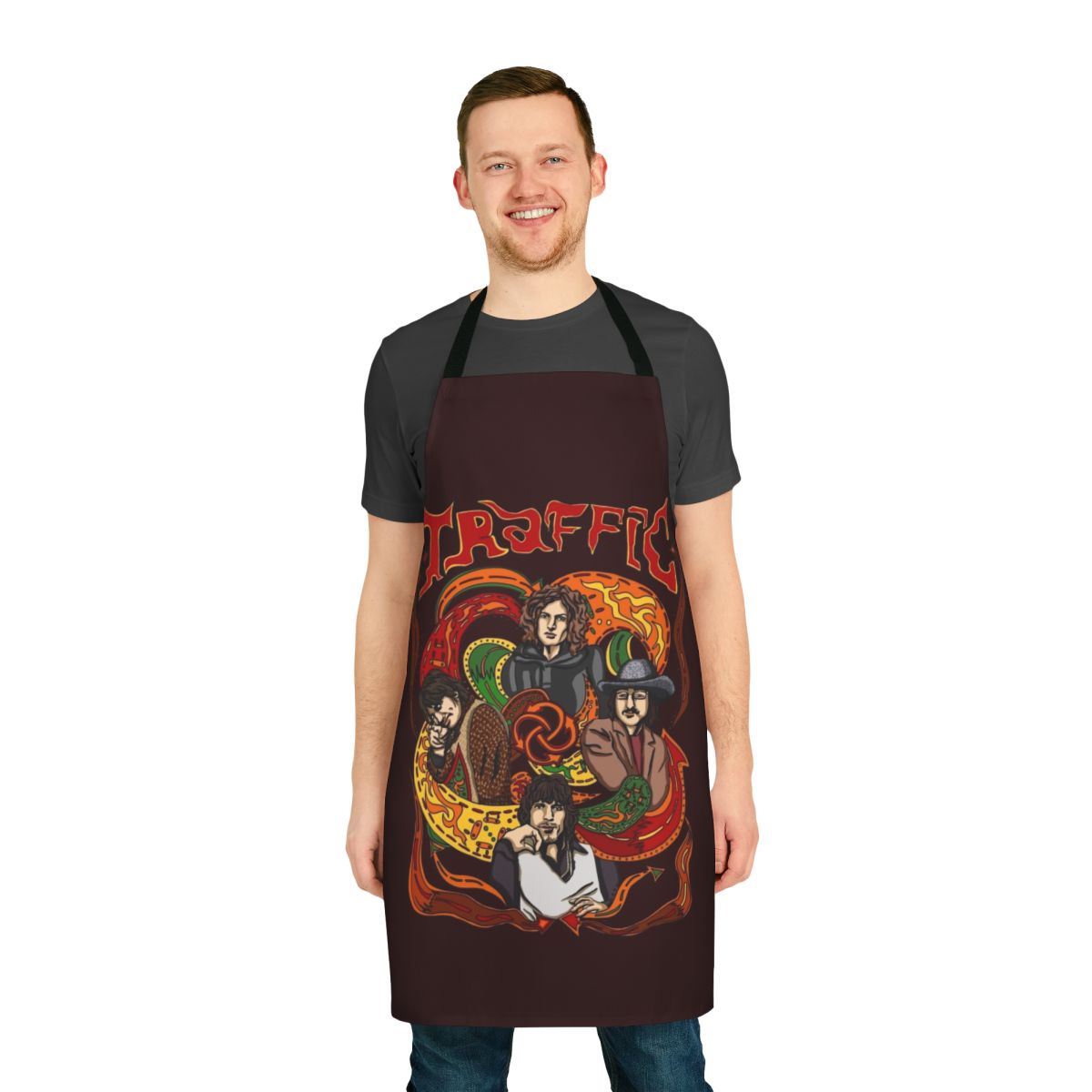Vintage 1960s psychedelic rock inspired apron featuring the iconic Traffic band