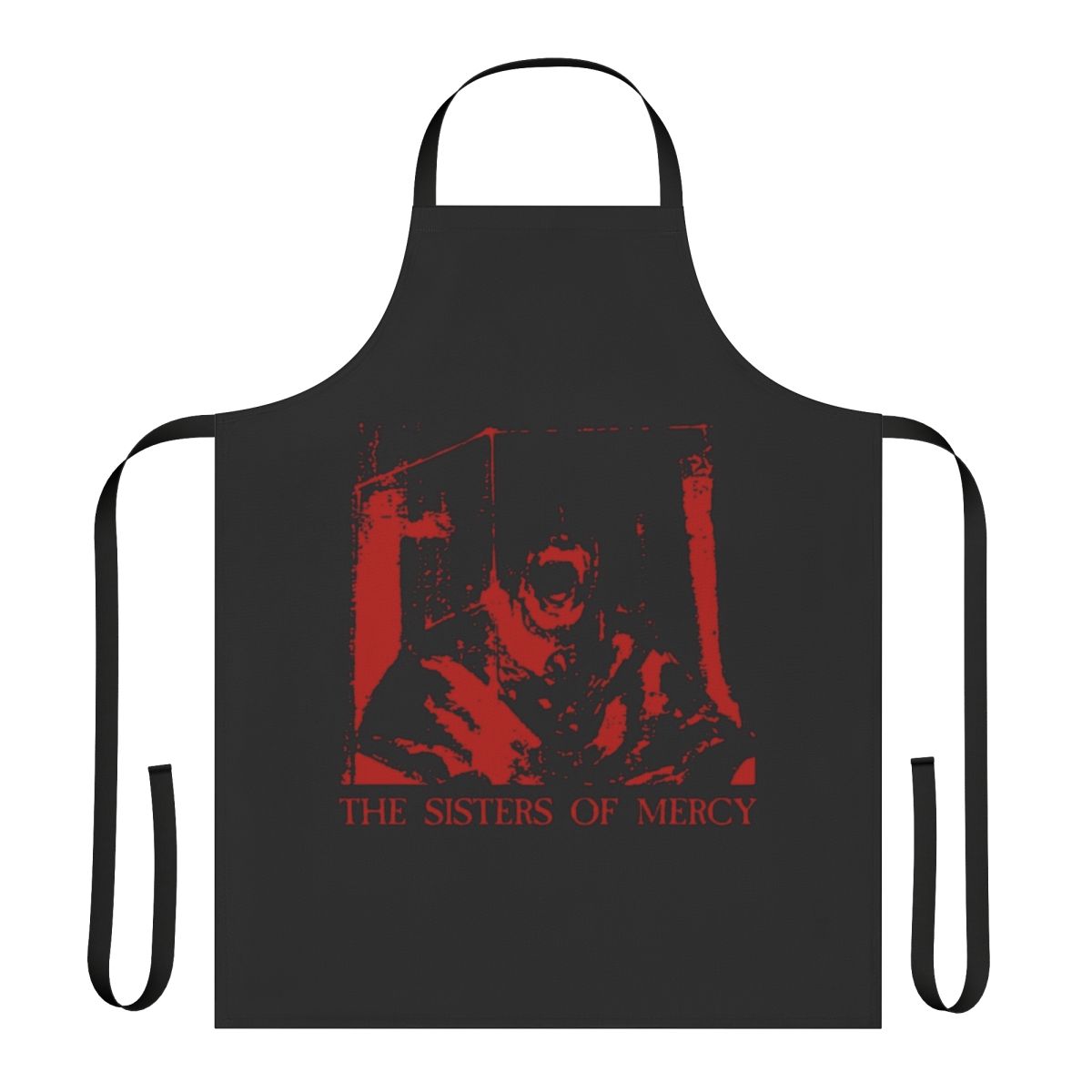 Vintage-style apron featuring The Sisters of Mercy band logo and imagery, inspired by 1980s goth and post-punk music.