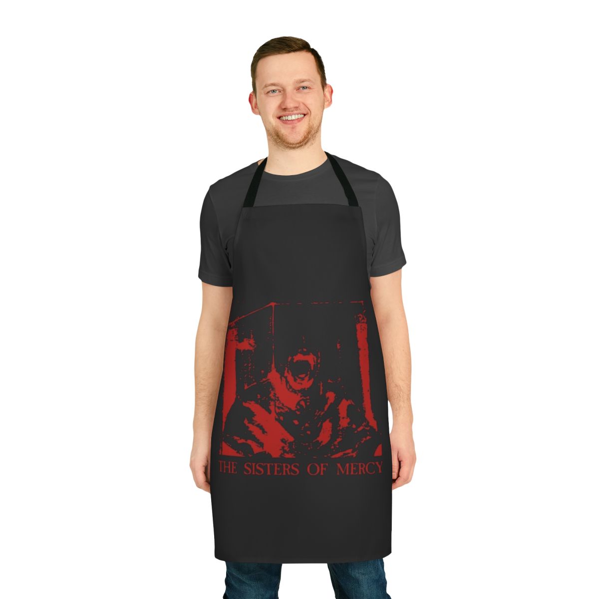 Vintage-style apron featuring The Sisters of Mercy band logo and imagery, inspired by 1980s goth and post-punk music.