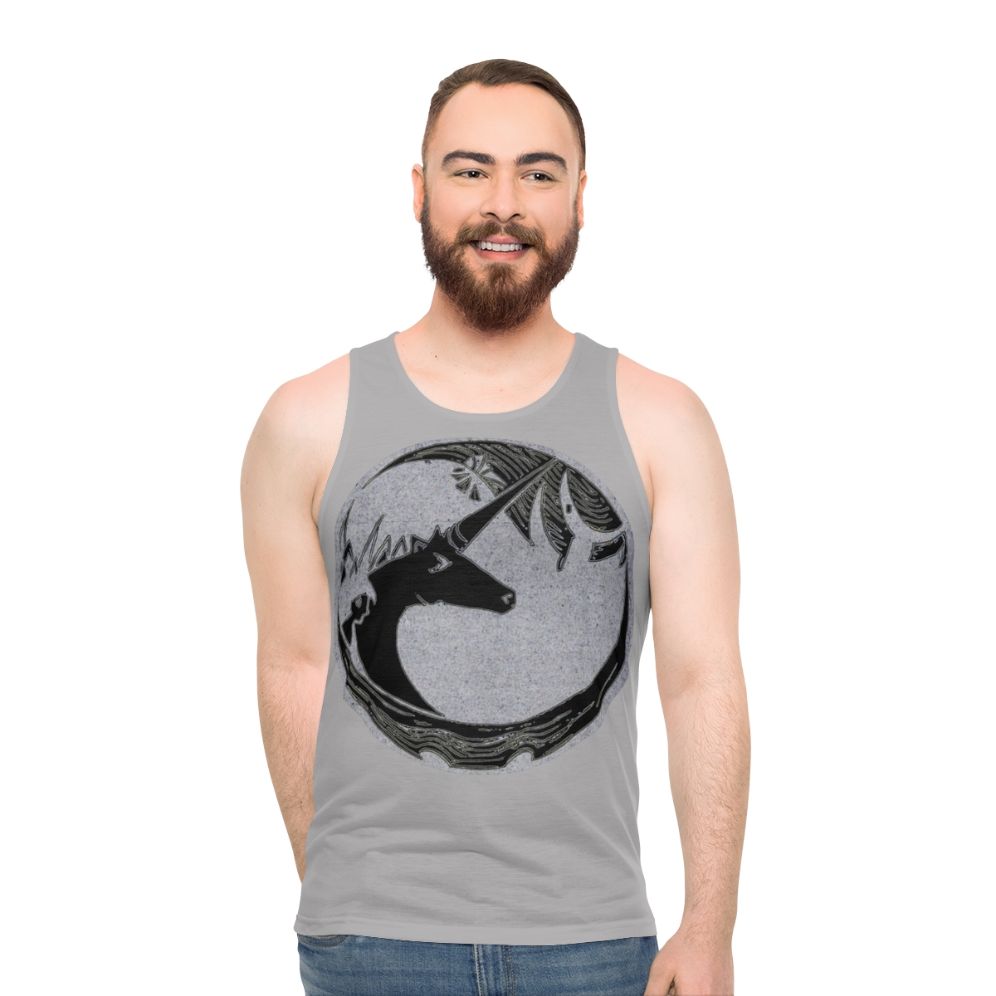 Unisex tank top with a vintage-inspired 1982 unicorn lino cut design