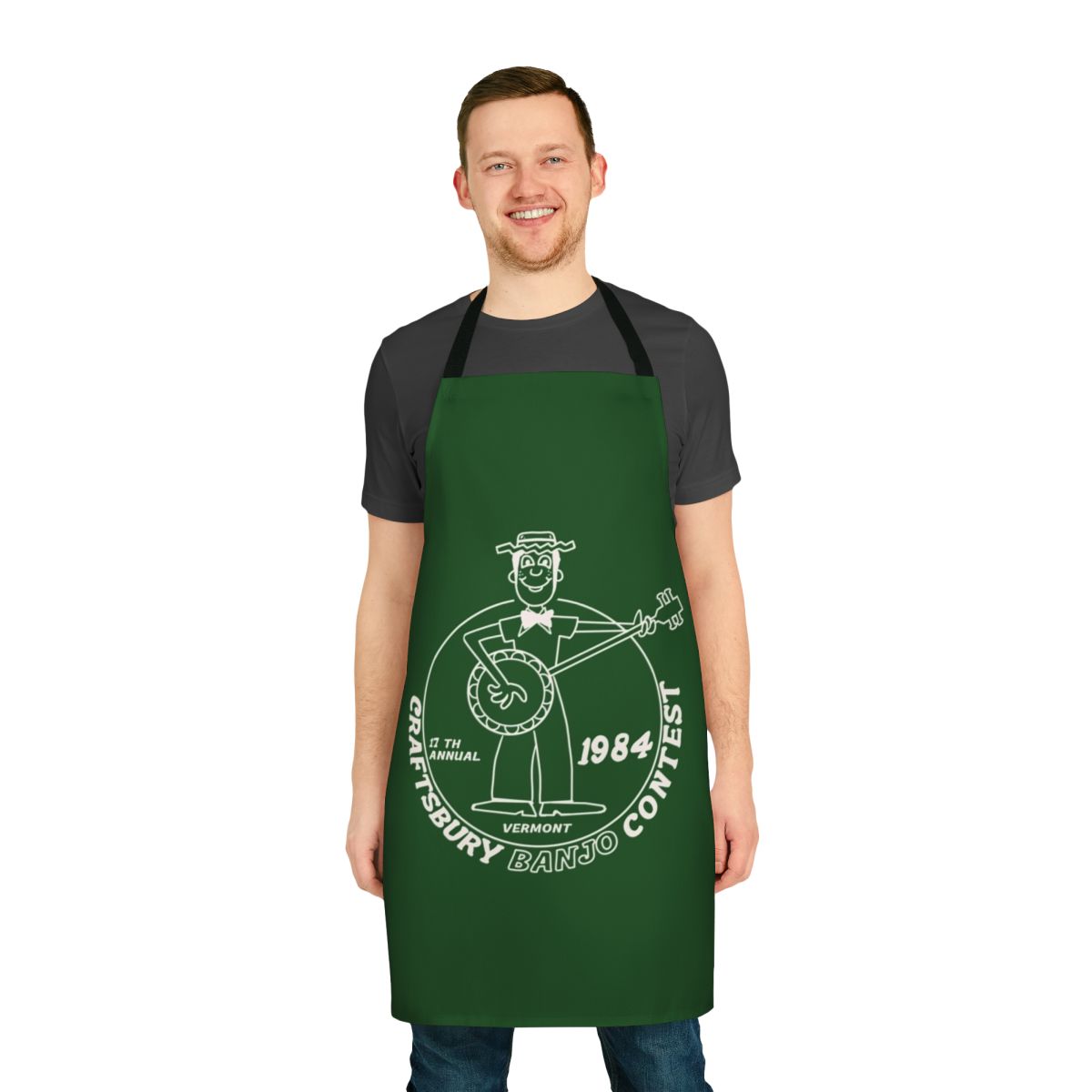 Vintage-style apron with a 1984 Craftsbury Banjo Contest design
