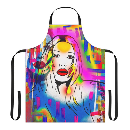 Vintage-style apron with 80s inspired design and Pete Burns-inspired drag fashion