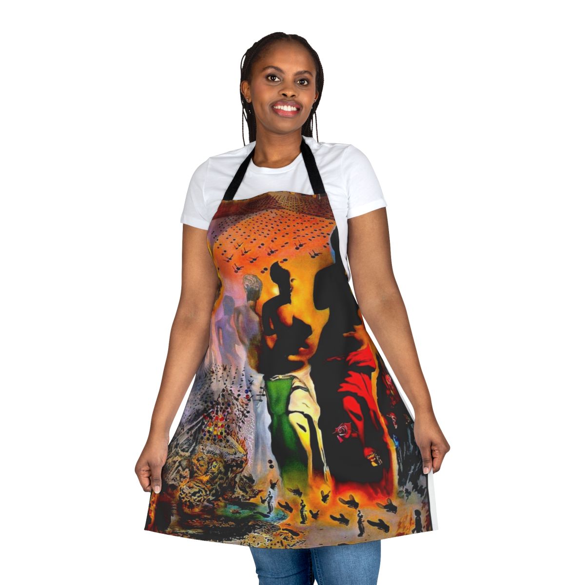 Whimsical apron featuring a vintage-inspired abstract surreal design inspired by the Venus de Milo and Salvador Dali.