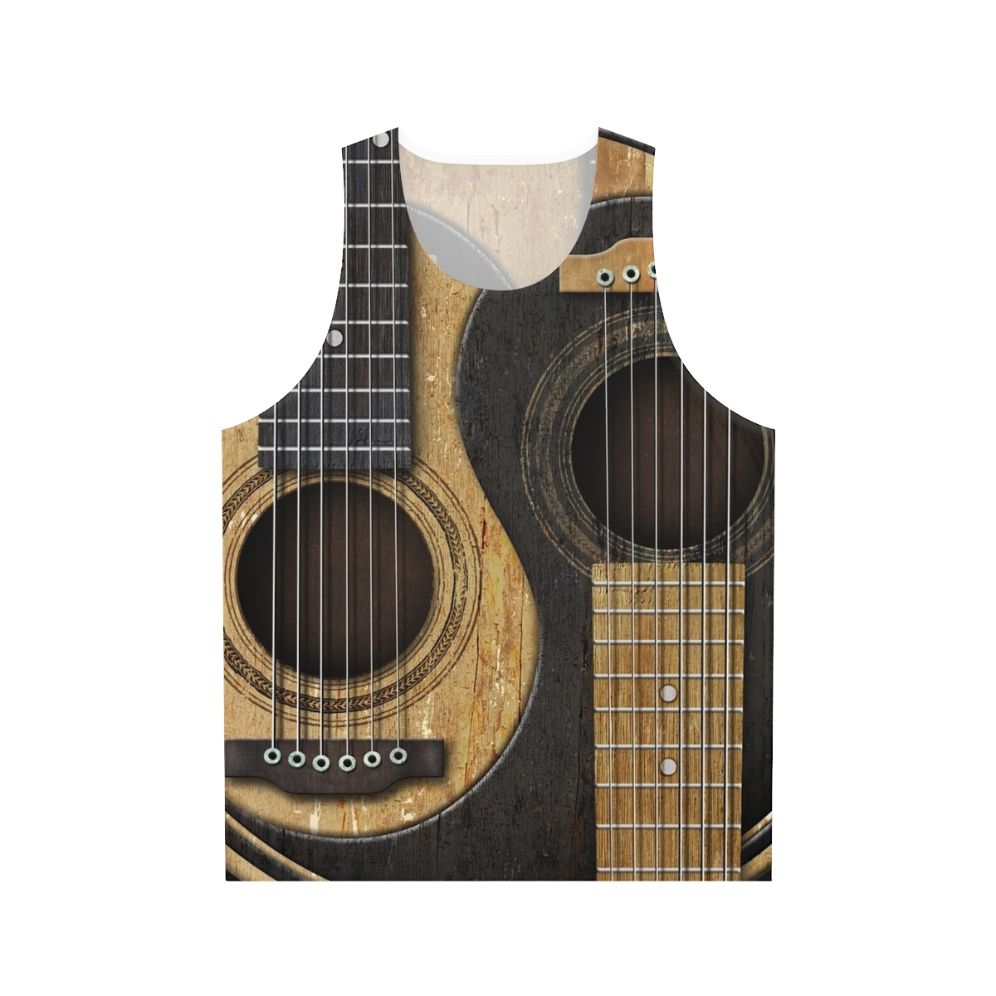 Vintage acoustic guitar yin yang design on a unisex tank top