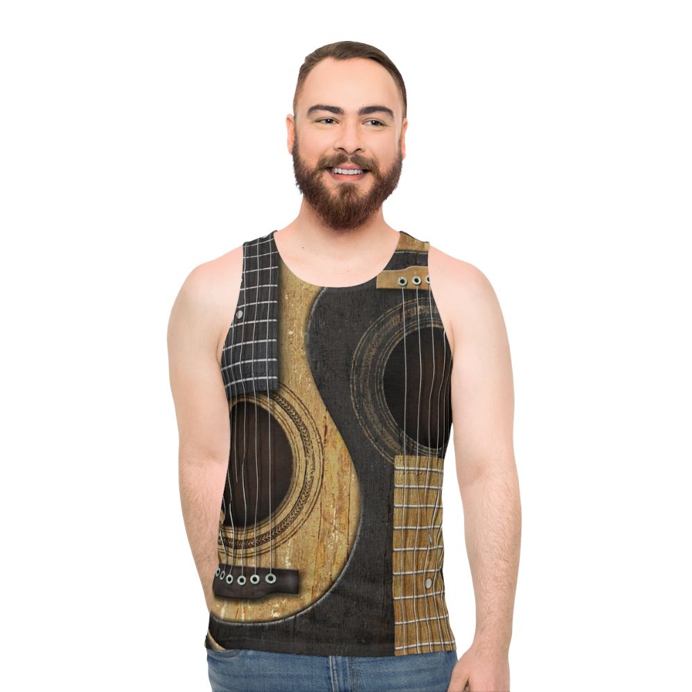 Vintage acoustic guitar yin yang design on a unisex tank top