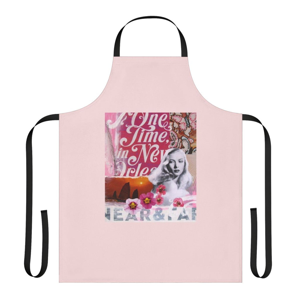Colorful collage art apron featuring the face of 1940s Hollywood actress Veronica Lake