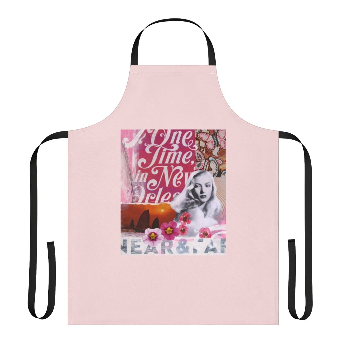 Colorful collage art apron featuring the face of 1940s Hollywood actress Veronica Lake