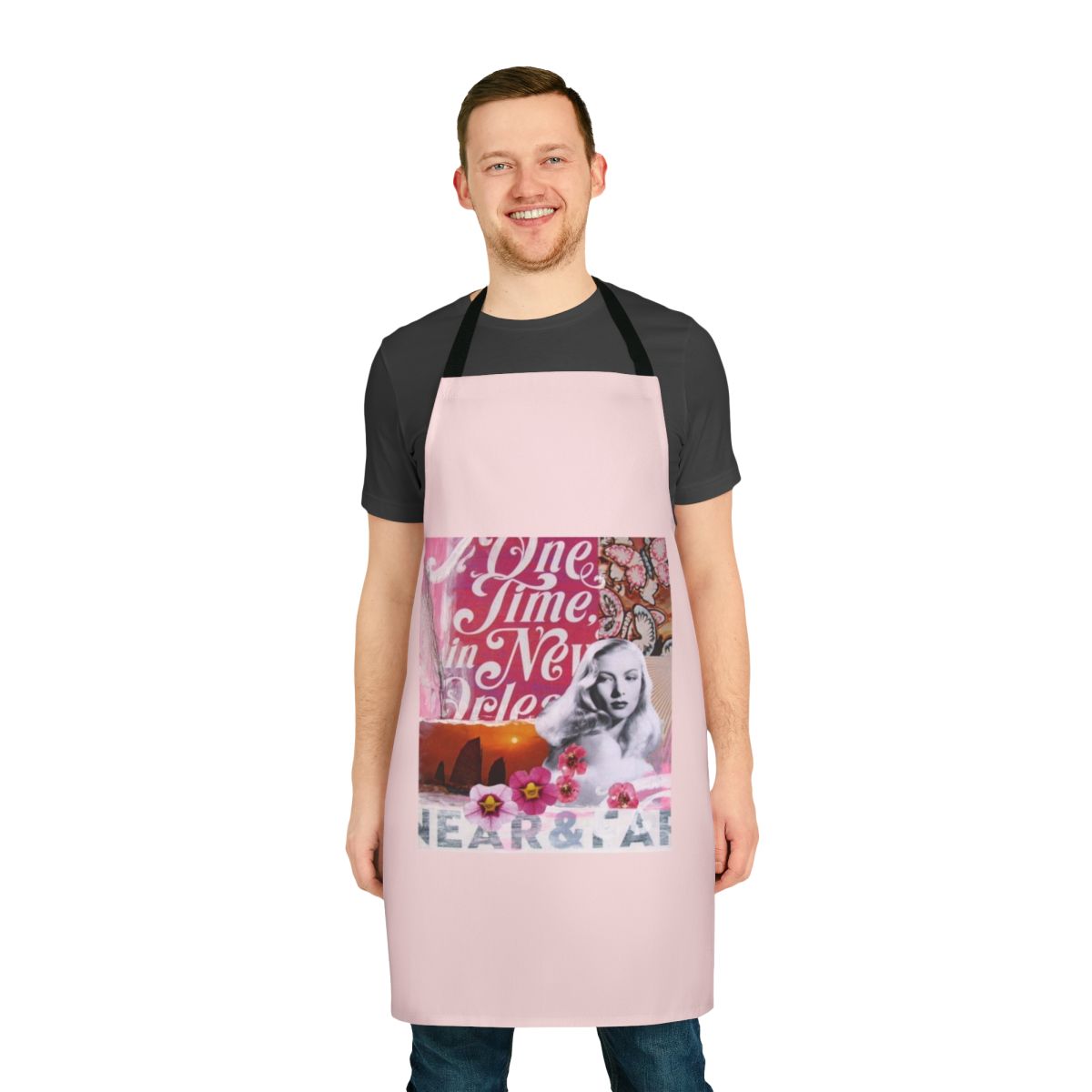 Colorful collage art apron featuring the face of 1940s Hollywood actress Veronica Lake