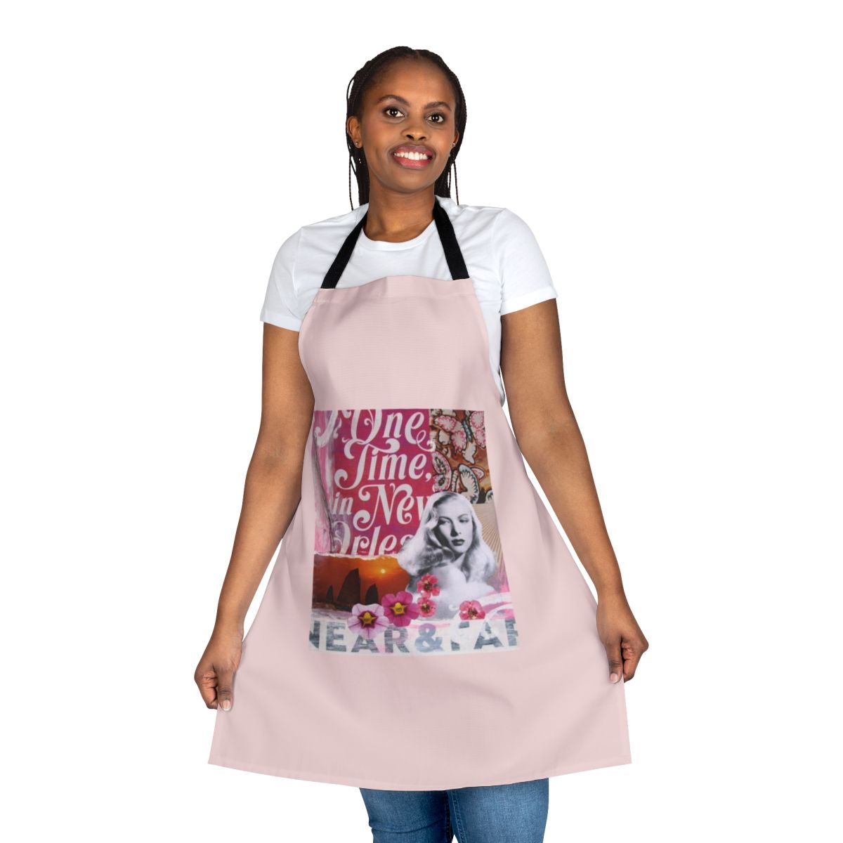 Colorful collage art apron featuring the face of 1940s Hollywood actress Veronica Lake