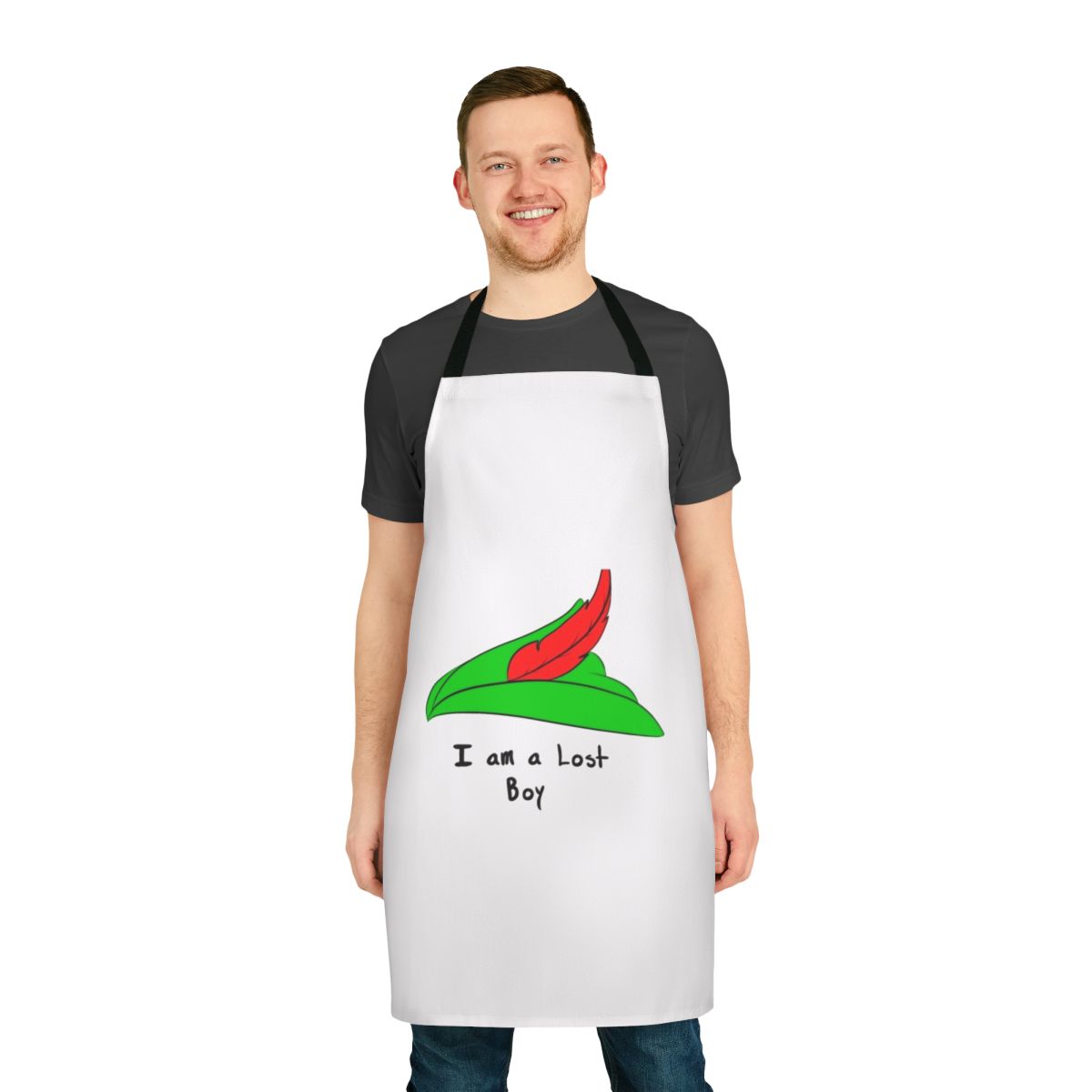 Vintage airline-inspired apron with a "Lost Boy" Peter Pan hat design