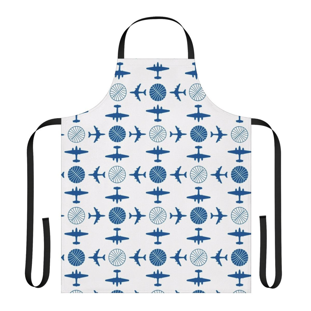 Vintage-style apron featuring a pattern of classic Pan Am airplane icons for a nostalgic travel-inspired look.