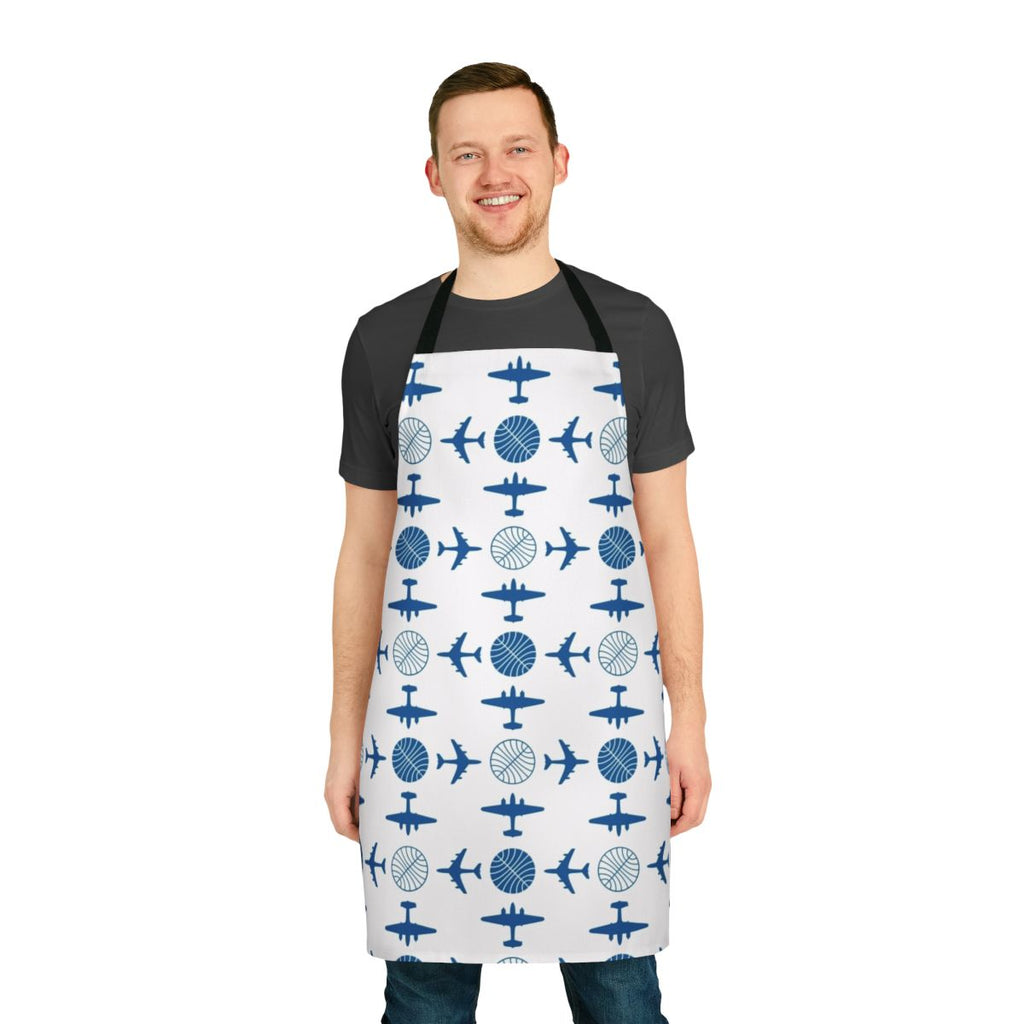 Vintage-style apron featuring a pattern of classic Pan Am airplane icons for a nostalgic travel-inspired look.