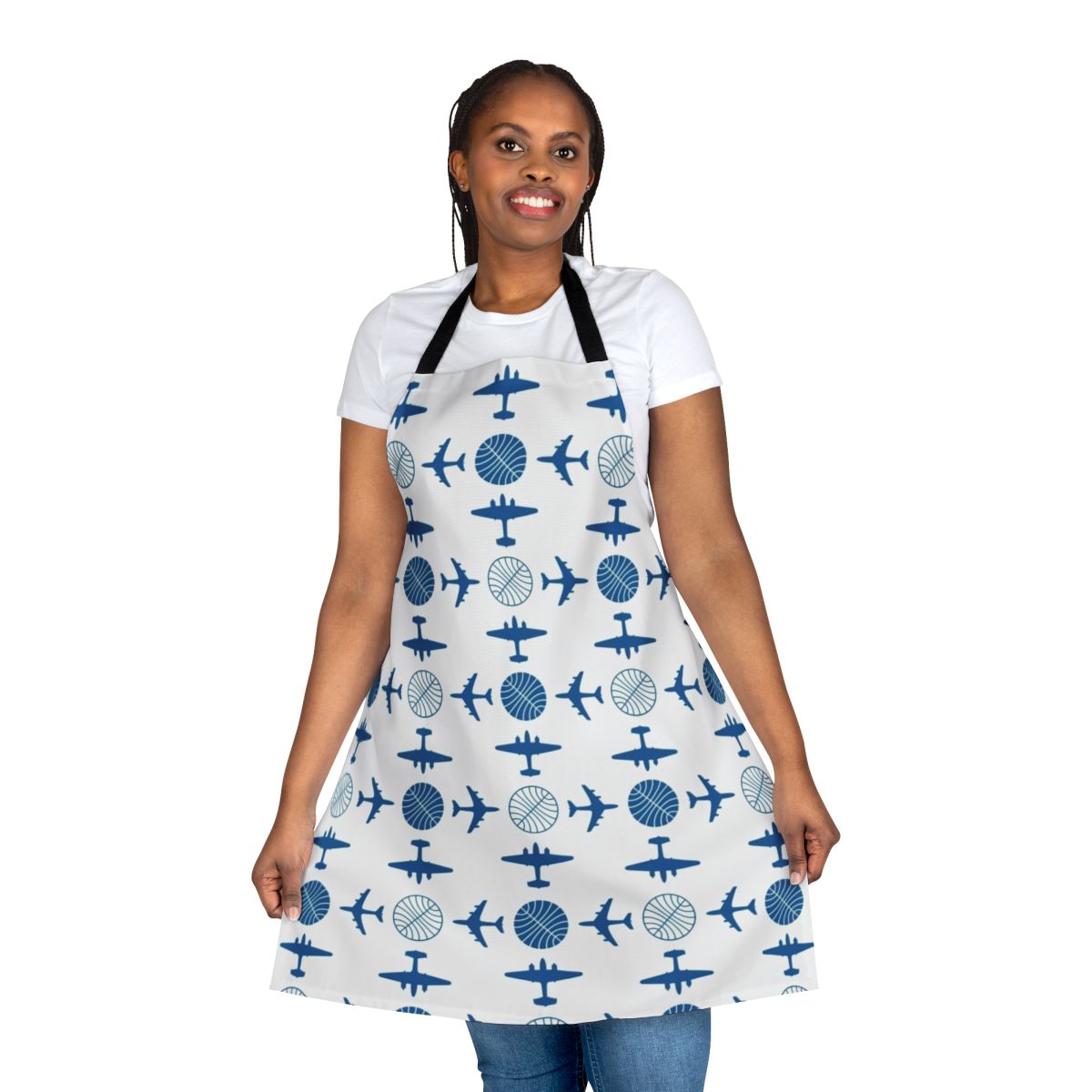 Vintage-style apron featuring a pattern of classic Pan Am airplane icons for a nostalgic travel-inspired look.