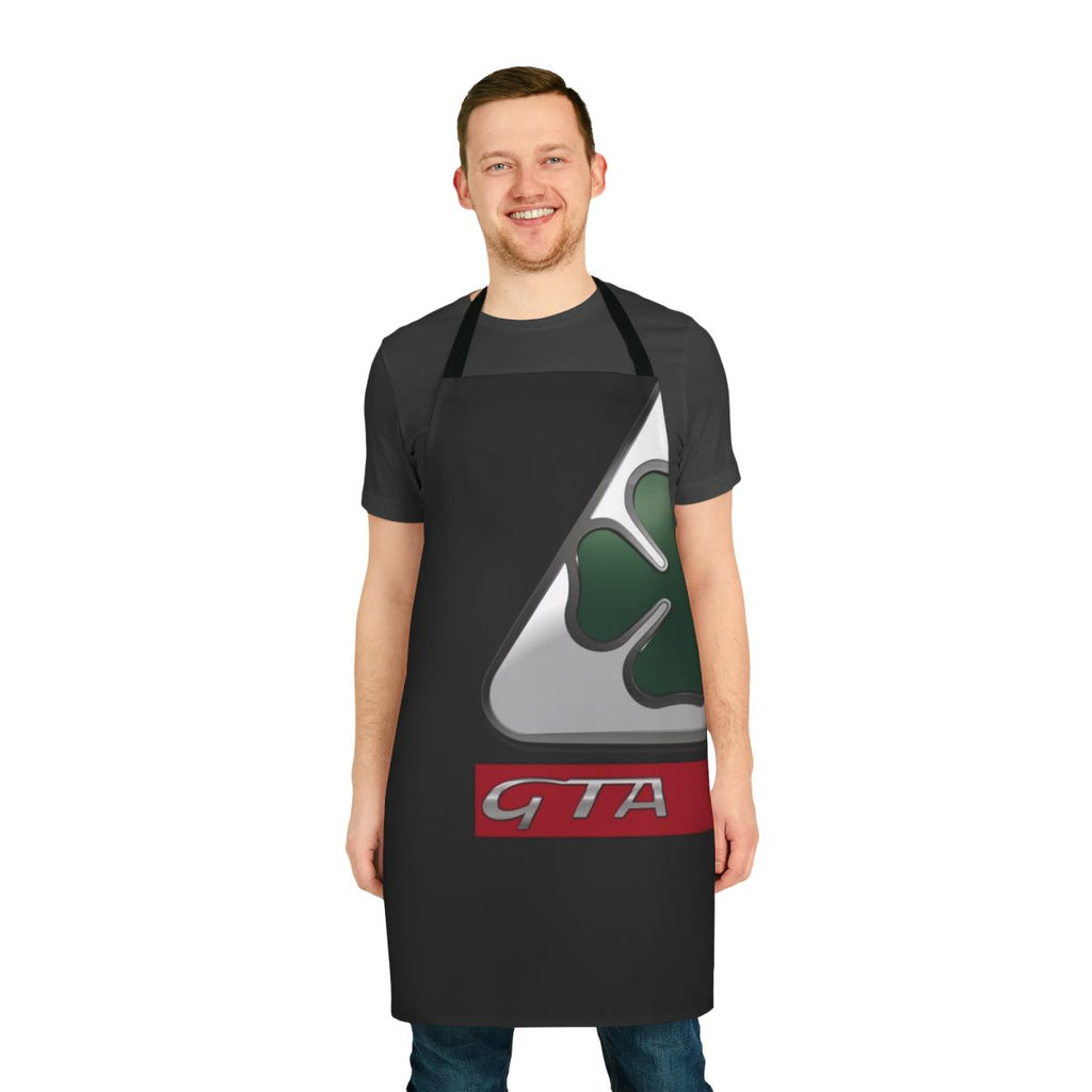 Vintage-inspired Alfa Romeo Quadrifoglio monogram pattern printed on an apron