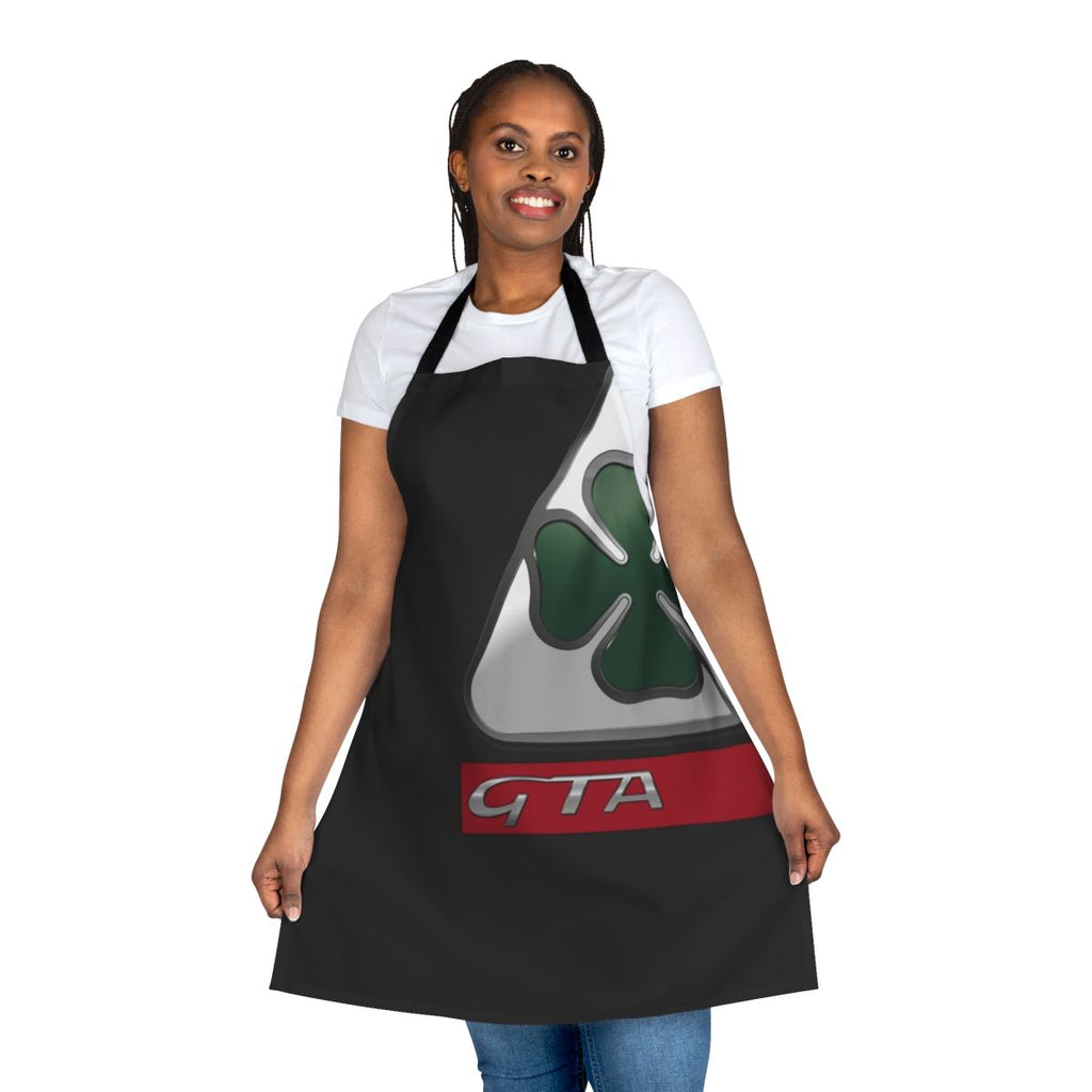 Vintage-inspired Alfa Romeo Quadrifoglio monogram pattern printed on an apron
