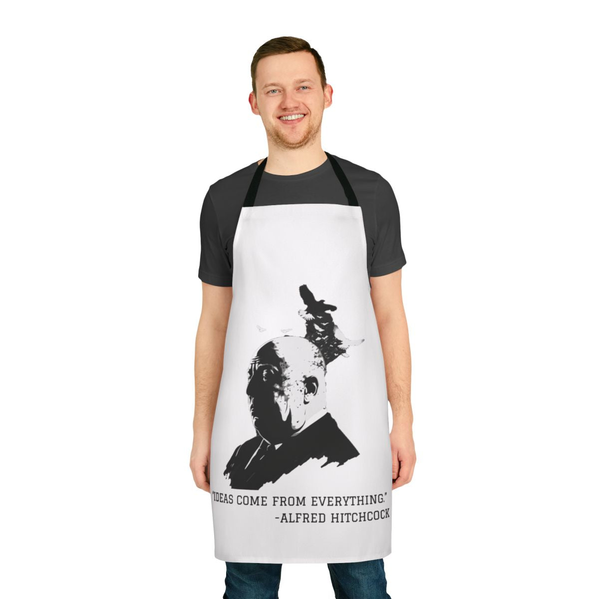 Vintage-style apron featuring an illustration of acclaimed movie director Alfred Hitchcock