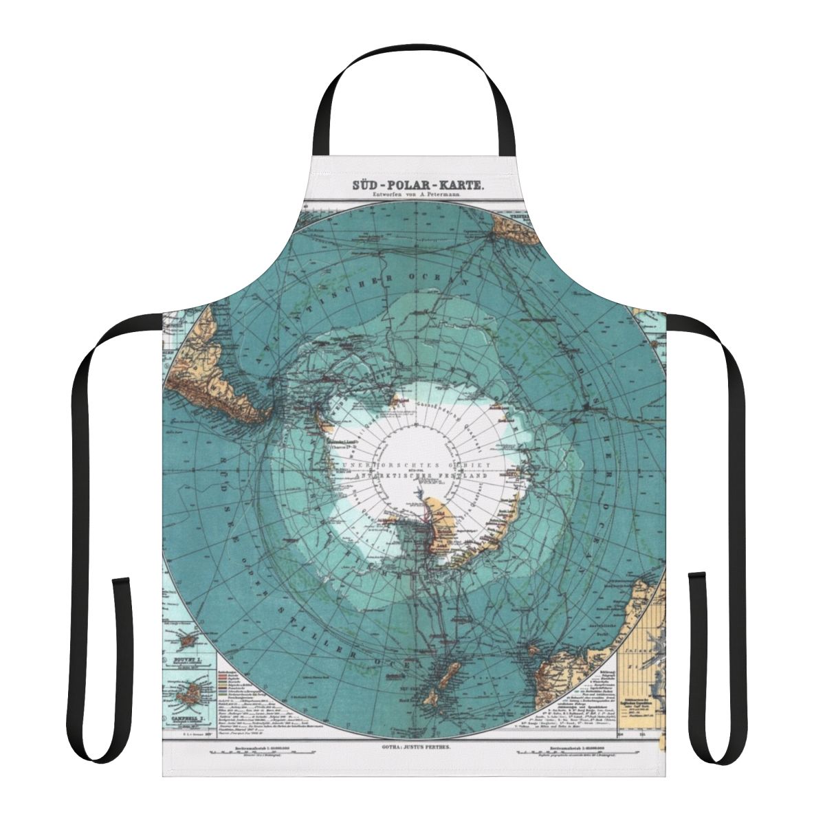 Vintage-style apron featuring a detailed map of the Antarctic continent