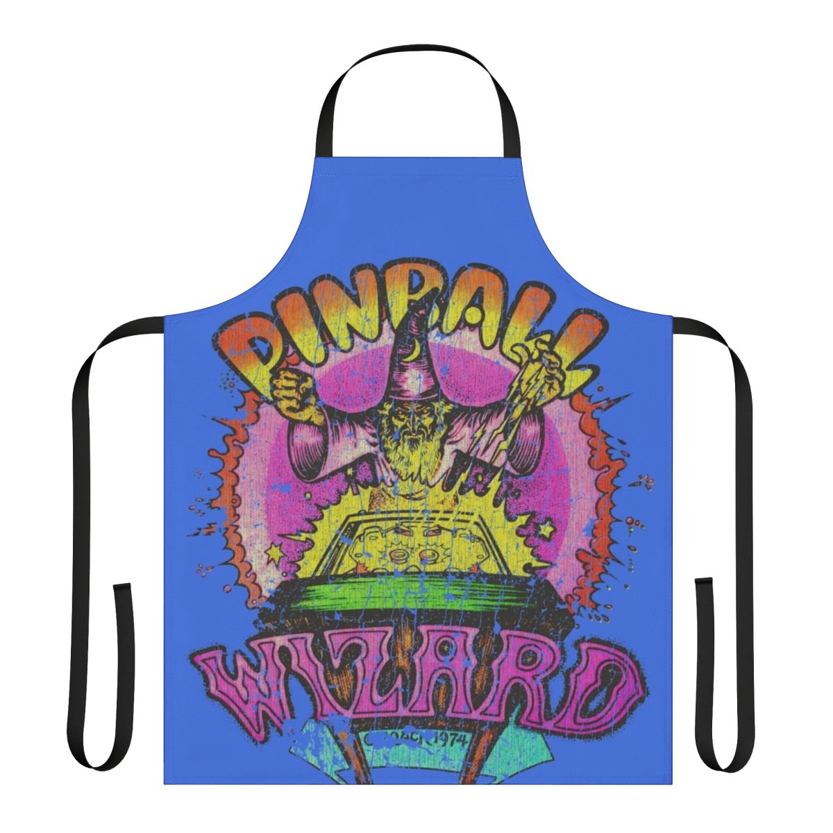 Vintage-style apron featuring a wizard design, perfect for pinball enthusiasts and retro gamers
