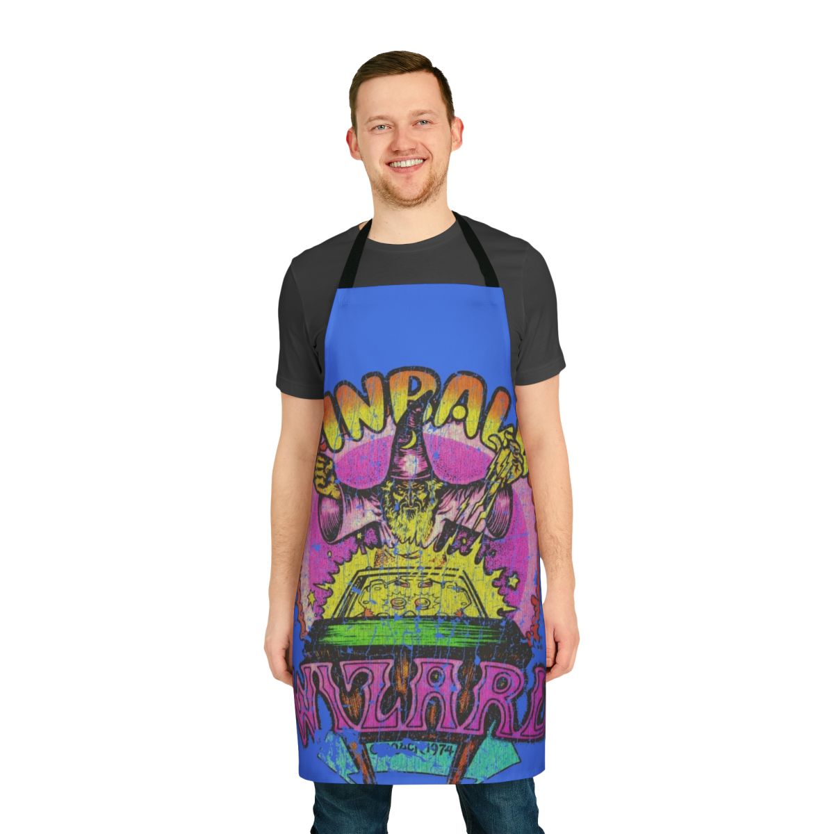 Vintage-style apron featuring a wizard design, perfect for pinball enthusiasts and retro gamers