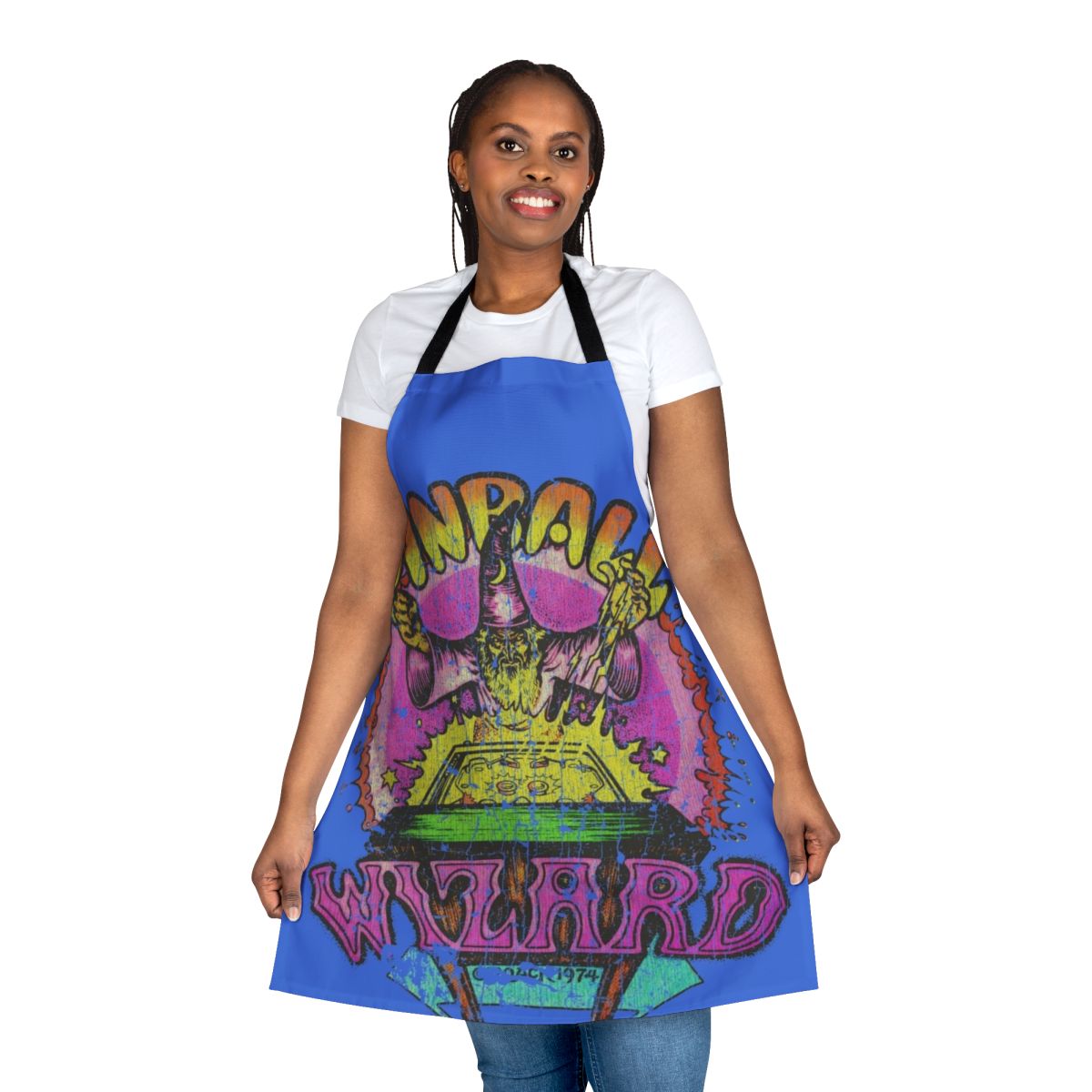 Vintage-style apron featuring a wizard design, perfect for pinball enthusiasts and retro gamers