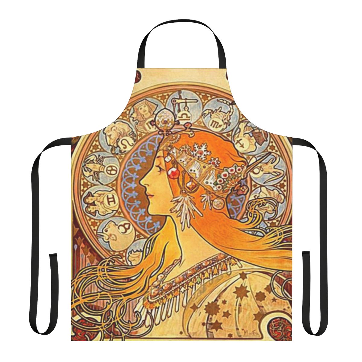 Vintage-style apron featuring Alphonse Mucha's iconic Zodiac art nouveau design