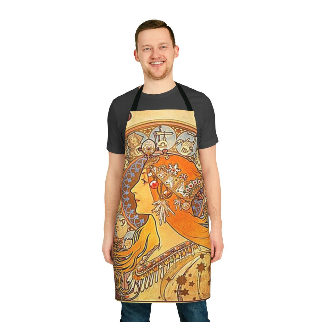 Vintage-style apron featuring Alphonse Mucha's iconic Zodiac art nouveau design