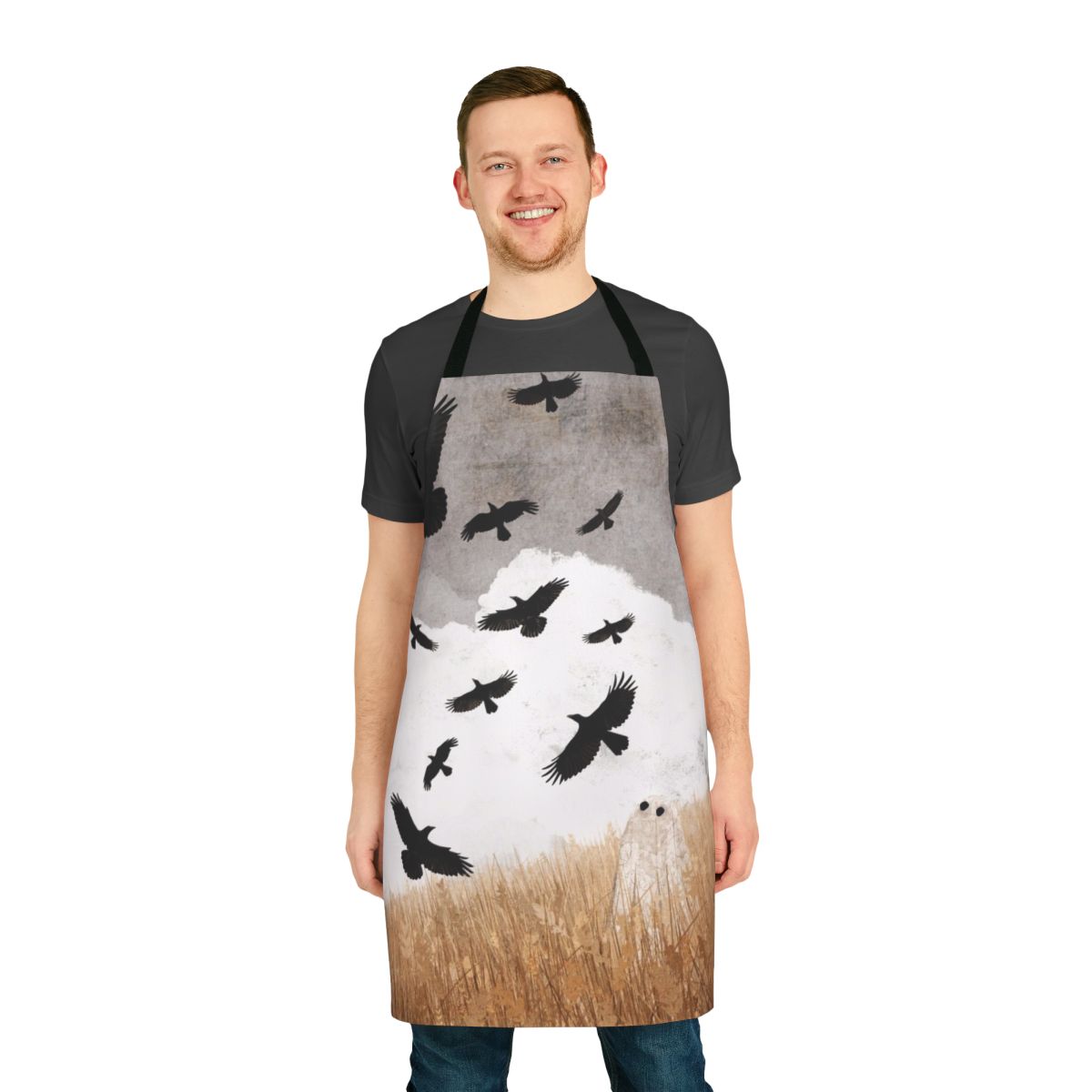 Vintage-inspired apron featuring a spooky crow design for autumn and Halloween.