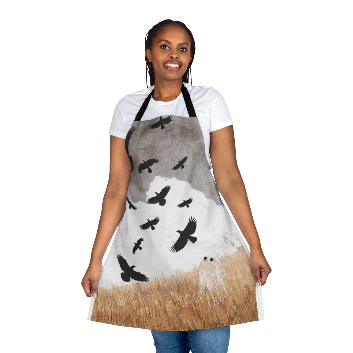 Vintage-inspired apron featuring a spooky crow design for autumn and Halloween.
