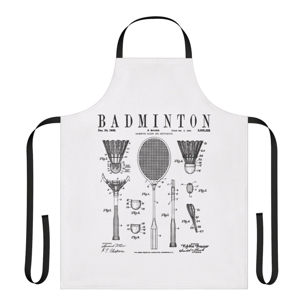 Apron featuring a vintage badminton patent drawing design