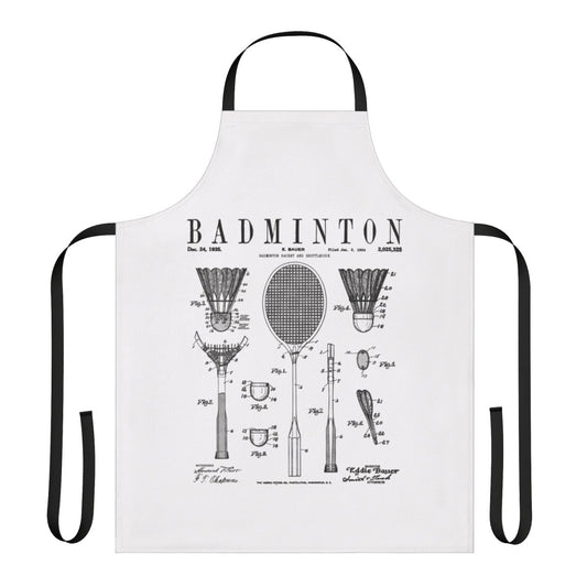 Apron featuring a vintage badminton patent drawing design
