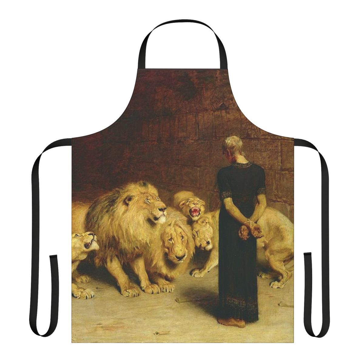 Vintage-style apron featuring a painting of the biblical story of Daniel in the lions den