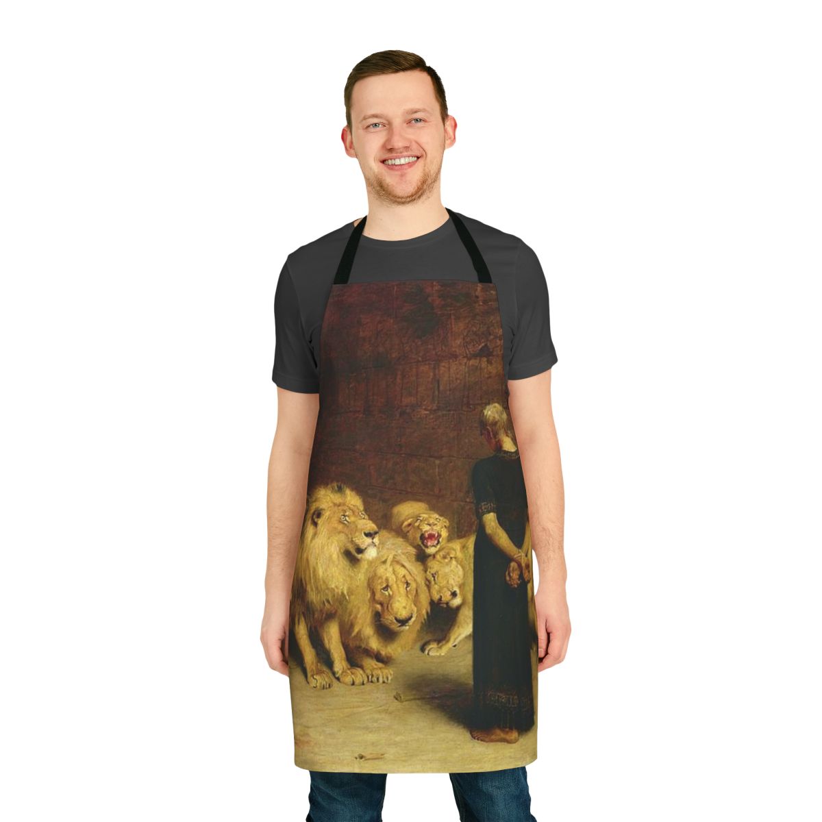 Vintage-style apron featuring a painting of the biblical story of Daniel in the lions den
