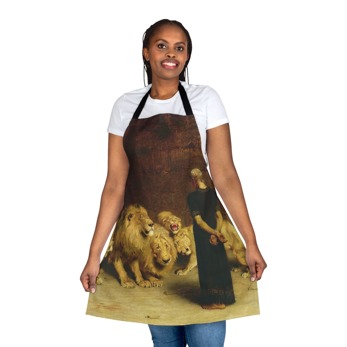 Vintage-style apron featuring a painting of the biblical story of Daniel in the lions den
