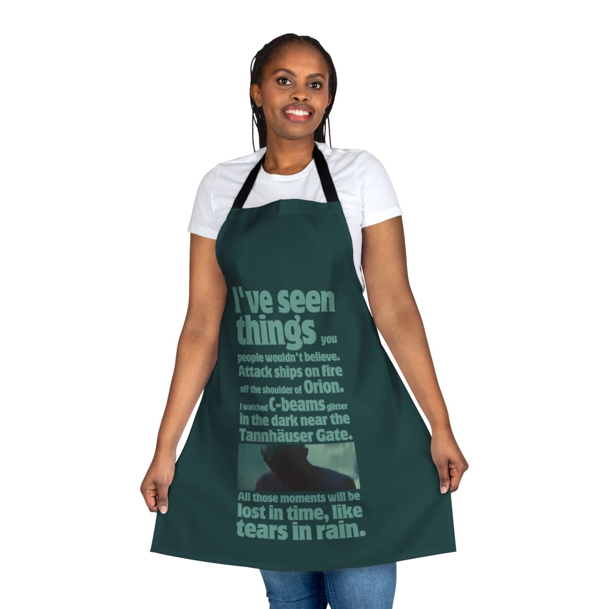 Vintage-style apron featuring a quote from the classic sci-fi film Blade Runner