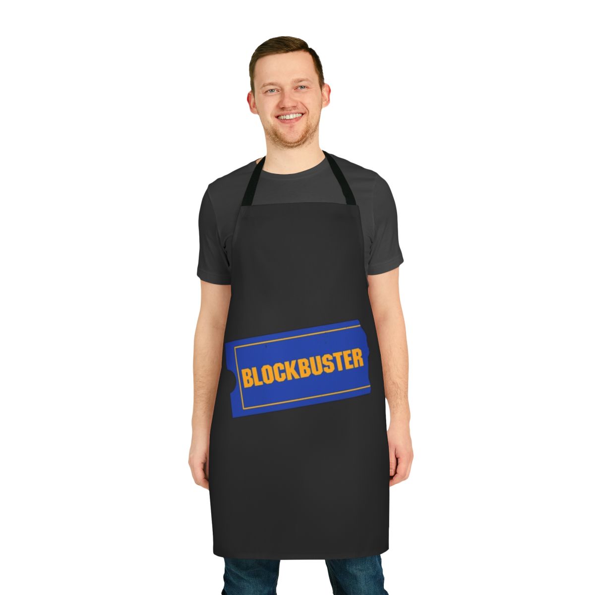 Vintage-style apron featuring the iconic Blockbuster Video logo, a nostalgic nod to classic movie rentals.