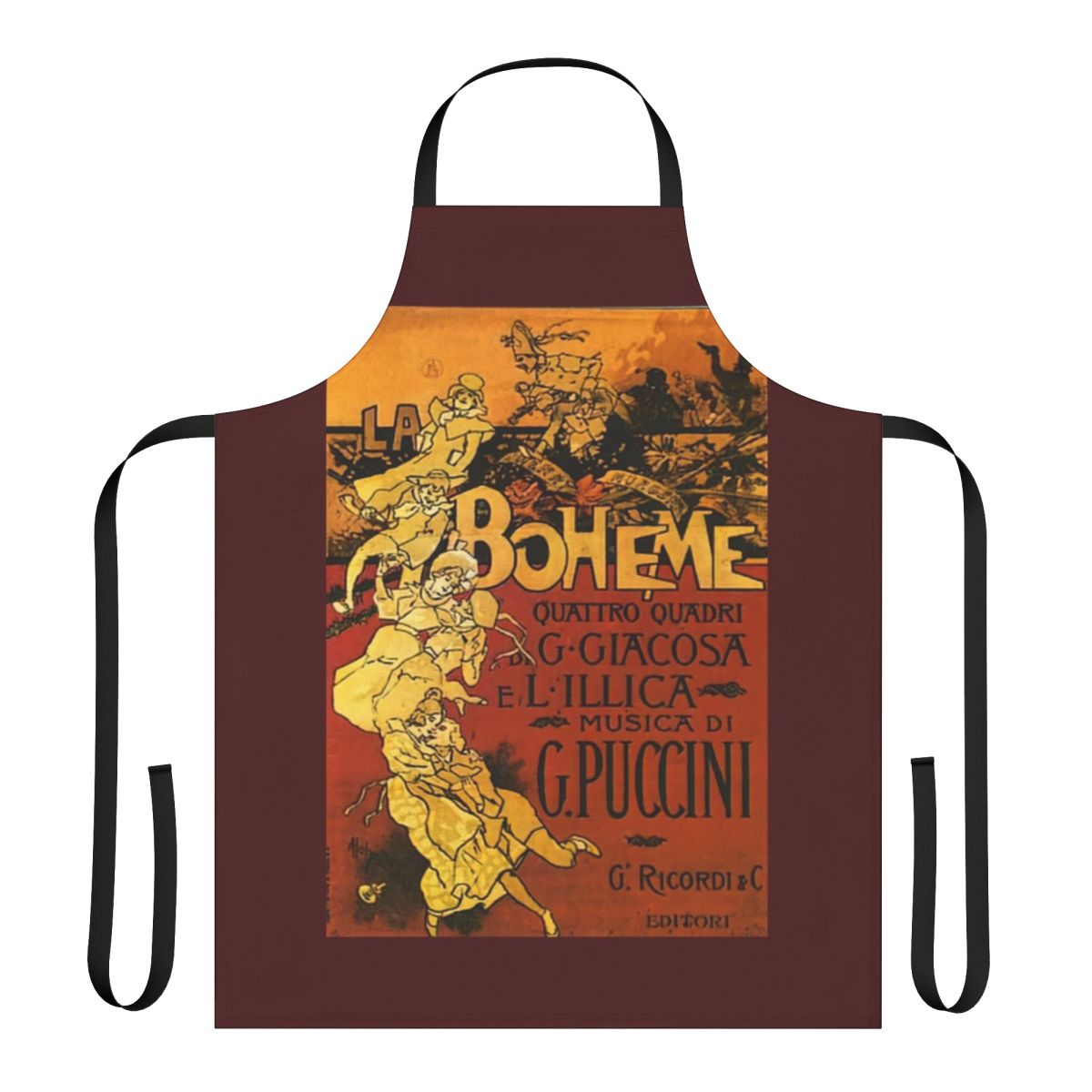 Vintage-style apron featuring the iconic Bohème opera poster design
