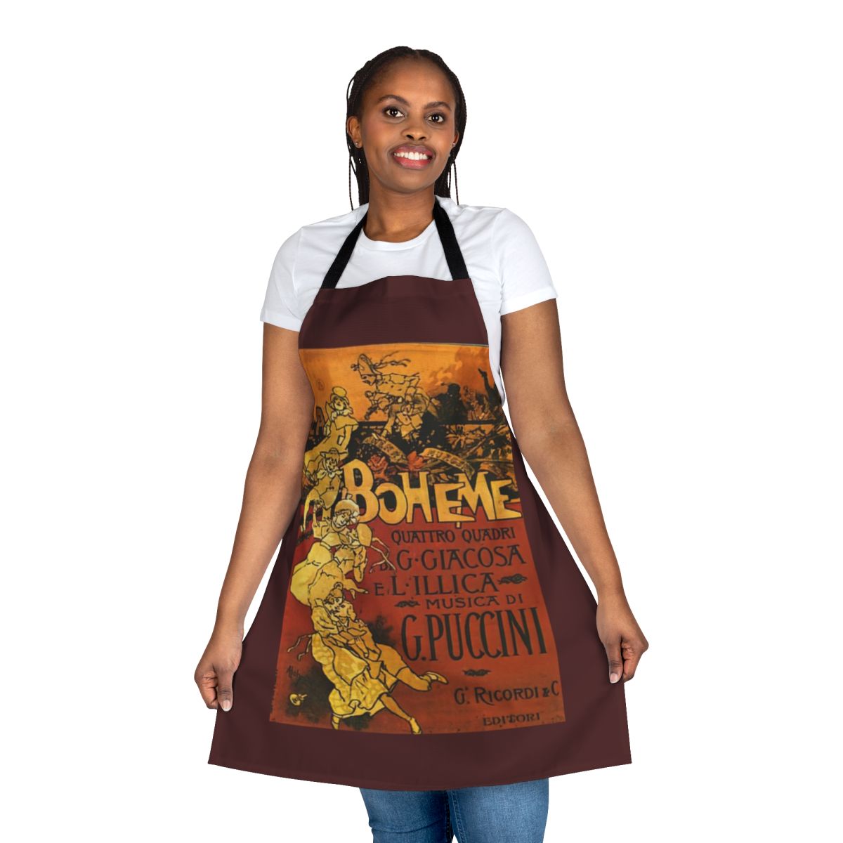 Vintage-style apron featuring the iconic Bohème opera poster design