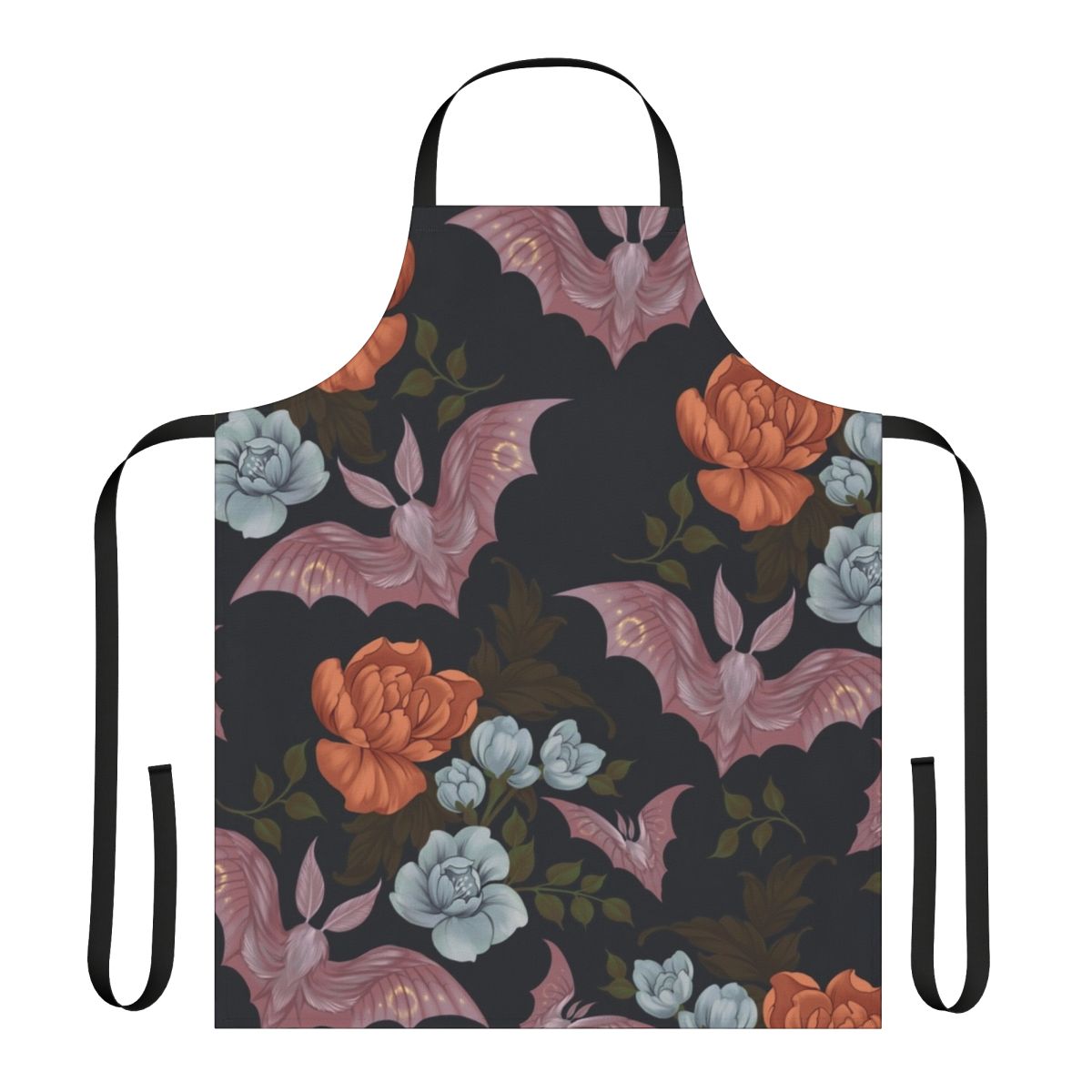 Vintage-inspired apron featuring a botanical print design of moths and night flowers