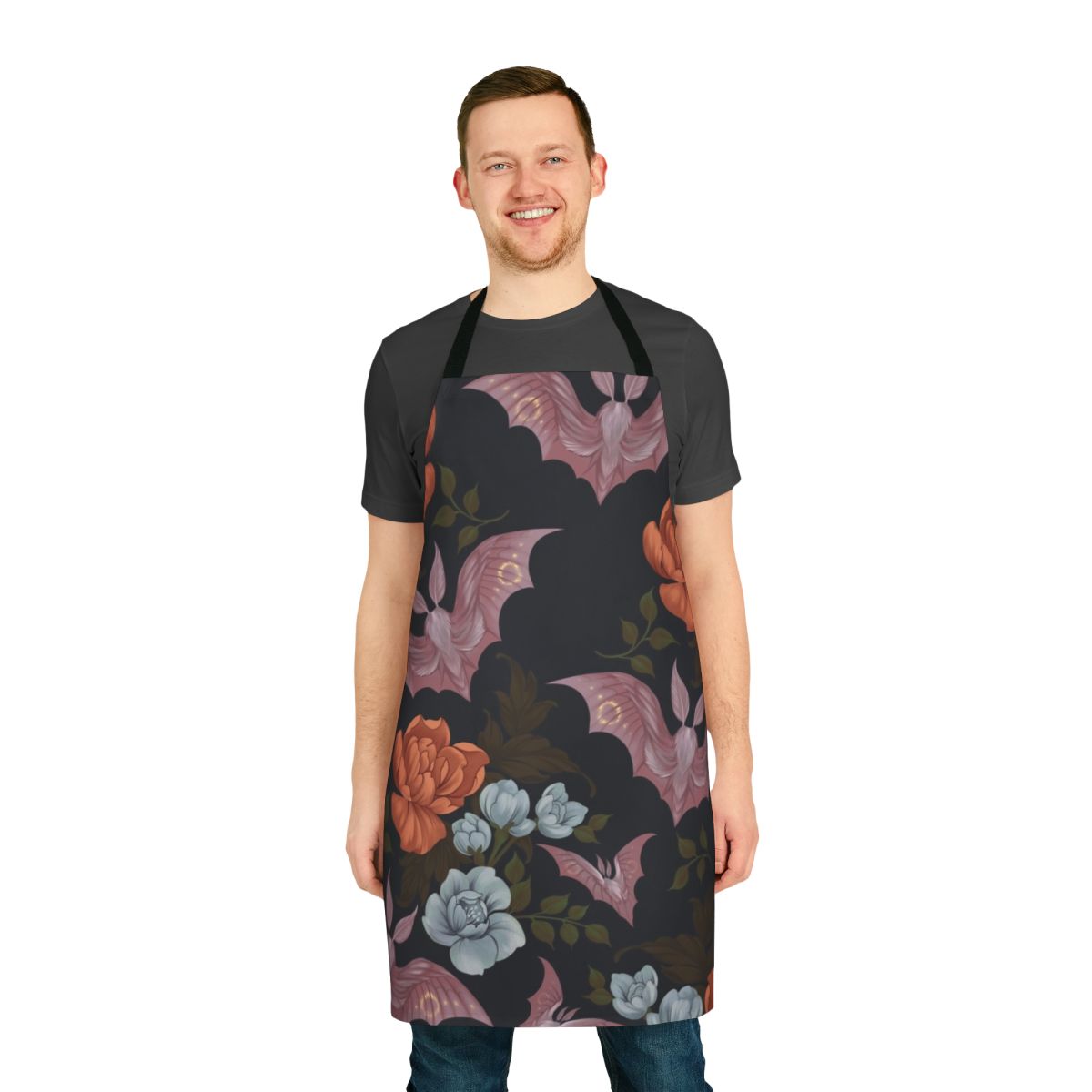 Vintage-inspired apron featuring a botanical print design of moths and night flowers